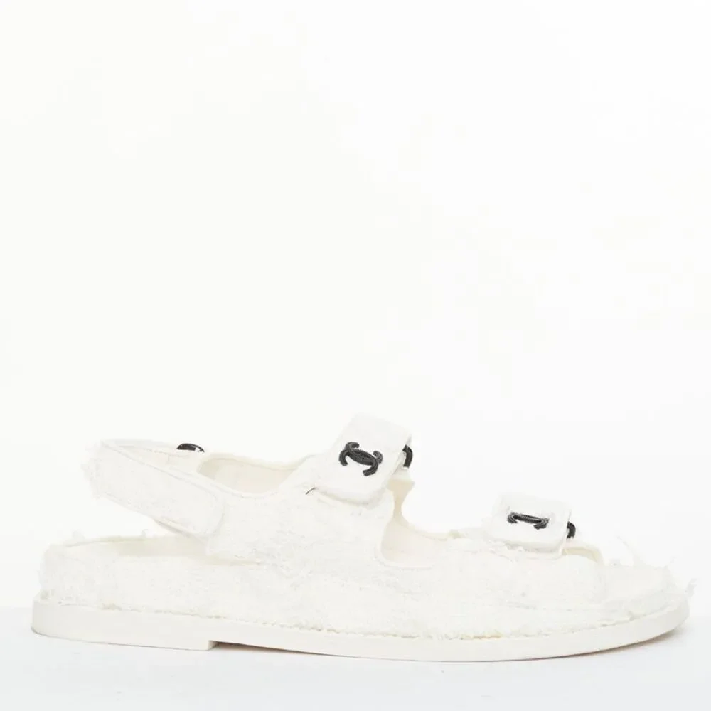 Chanel 2021 White Tweed Dad Sandals